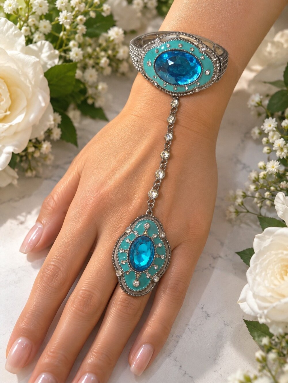 Turquoise Blue Crystal Statement Stretch Bracelet Hand Jewerly